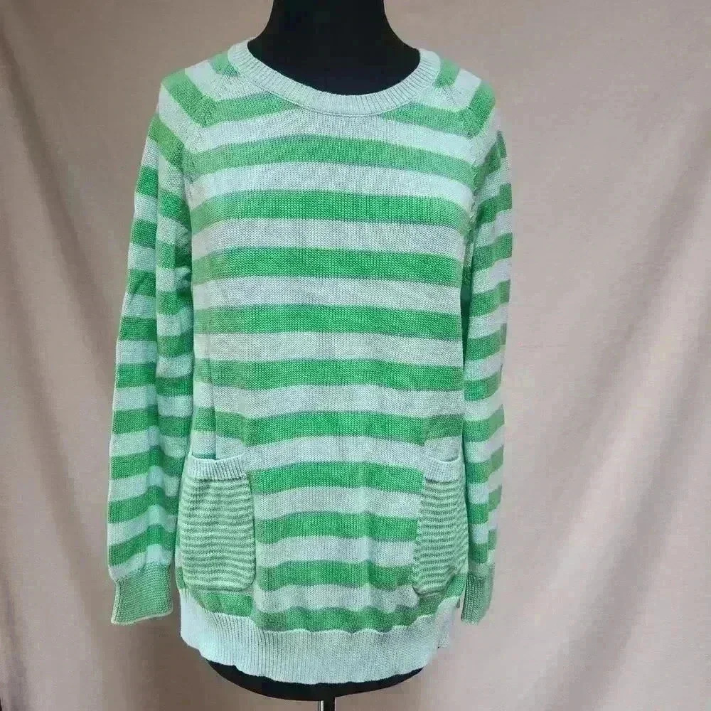 NWOT Zaket & Plover Medium 100% Cotton Sweater‎ Green/Lt. Blue Stripes Casual